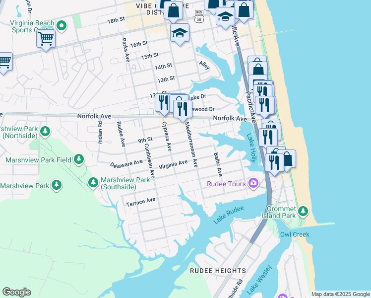 map of restaurants, bars, coffee shops, grocery stores, and more near 609 Delaware Avenue in Virginia Beach