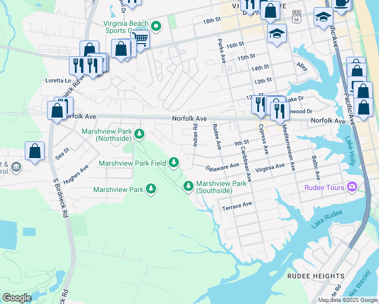 map of restaurants, bars, coffee shops, grocery stores, and more near 1000 Angler Lane in Virginia Beach