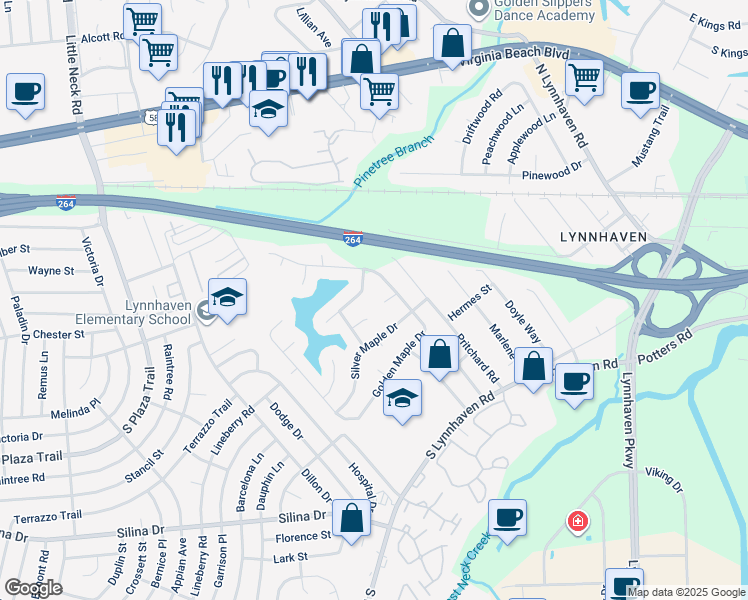 map of restaurants, bars, coffee shops, grocery stores, and more near 3008 Balsam Pine Court in Virginia Beach