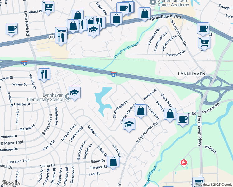 map of restaurants, bars, coffee shops, grocery stores, and more near 3008 Balsam Pine Court in Virginia Beach