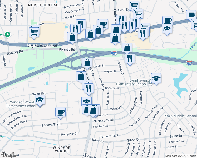 map of restaurants, bars, coffee shops, grocery stores, and more near 3557 Barry Street in Virginia Beach