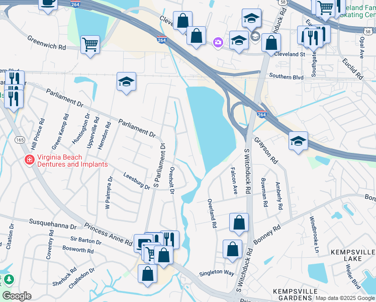 map of restaurants, bars, coffee shops, grocery stores, and more near 212 Overholt Drive in Virginia Beach
