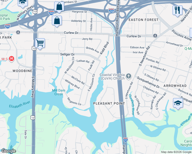 map of restaurants, bars, coffee shops, grocery stores, and more near 236 East McGinnis Circle in Norfolk