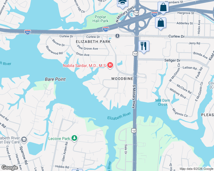 map of restaurants, bars, coffee shops, grocery stores, and more near 5534 Woodbine Road in Norfolk