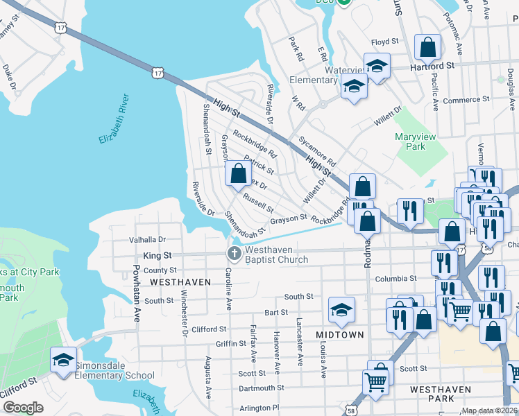 map of restaurants, bars, coffee shops, grocery stores, and more near 415 Russell Street in Portsmouth