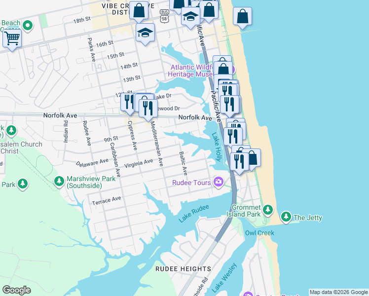 map of restaurants, bars, coffee shops, grocery stores, and more near 405 Virginia Avenue in Virginia Beach