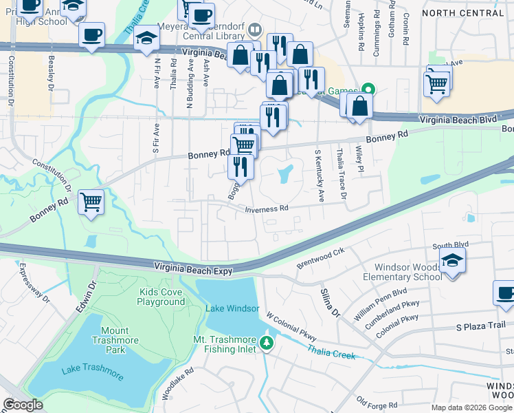 map of restaurants, bars, coffee shops, grocery stores, and more near 150 Thames Drive in Virginia Beach