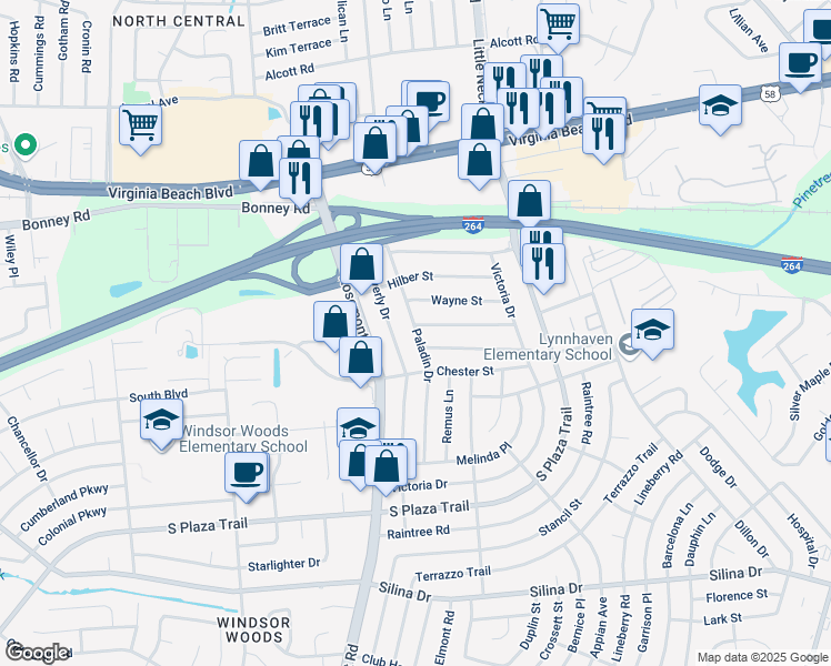 map of restaurants, bars, coffee shops, grocery stores, and more near 620 Kingston Drive in Virginia Beach