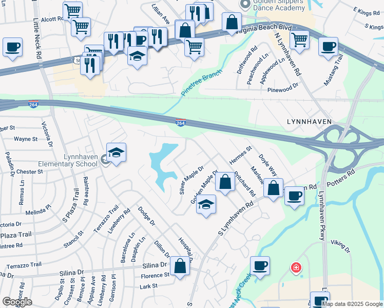 map of restaurants, bars, coffee shops, grocery stores, and more near 3008 Balsam Pine Court in Virginia Beach