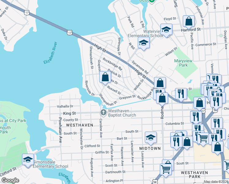 map of restaurants, bars, coffee shops, grocery stores, and more near 415 Russell Street in Portsmouth