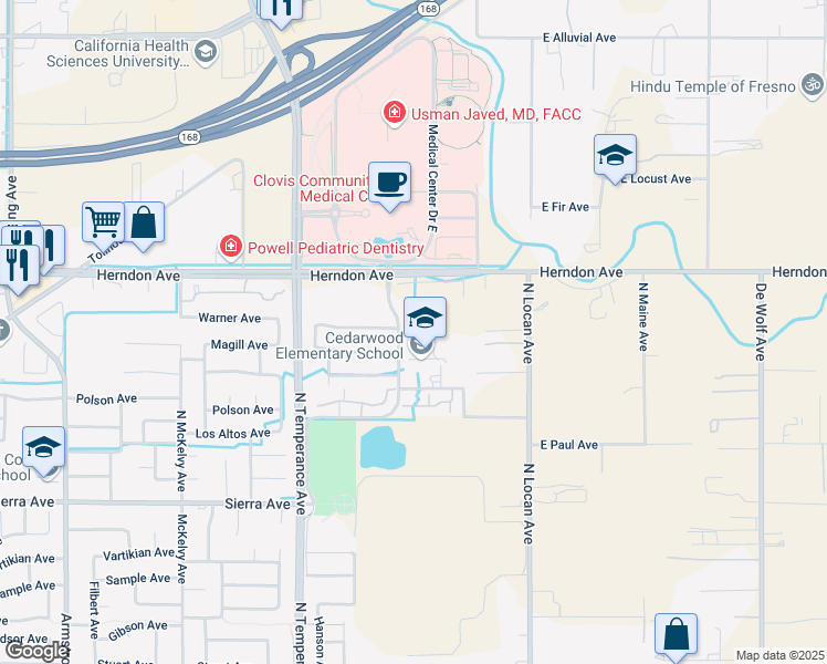 map of restaurants, bars, coffee shops, grocery stores, and more near 2851 Palo Alto Avenue in Clovis