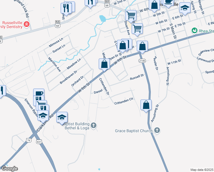 map of restaurants, bars, coffee shops, grocery stores, and more near 617 Crittenden Drive in Russellville