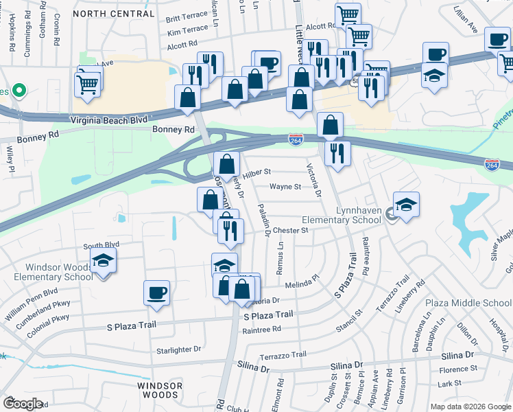 map of restaurants, bars, coffee shops, grocery stores, and more near 3557 Barry Street in Virginia Beach