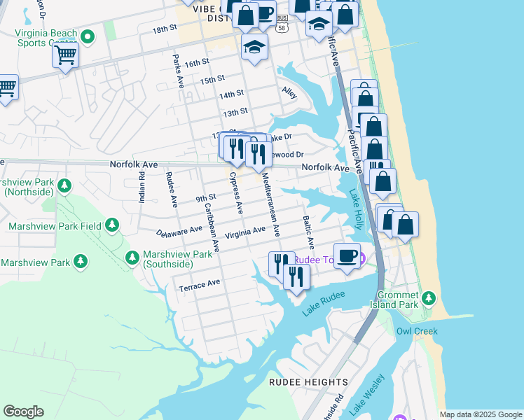 map of restaurants, bars, coffee shops, grocery stores, and more near 609 Delaware Avenue in Virginia Beach