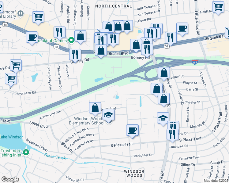 map of restaurants, bars, coffee shops, grocery stores, and more near 3751 Sentara Way in Virginia Beach