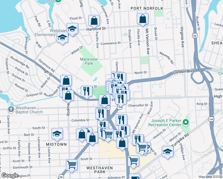 map of restaurants, bars, coffee shops, grocery stores, and more near 3136 High Street in Portsmouth