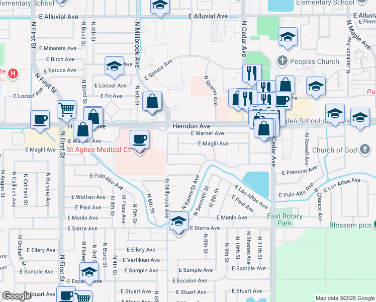 map of restaurants, bars, coffee shops, grocery stores, and more near 1480 East Fremont Avenue in Fresno