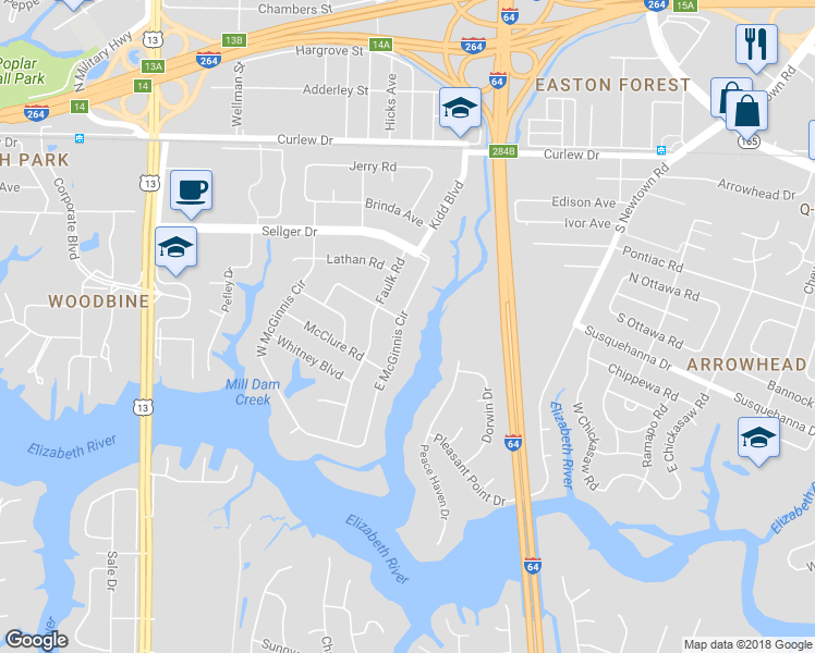 map of restaurants, bars, coffee shops, grocery stores, and more near 236 East McGinnis Circle in Norfolk