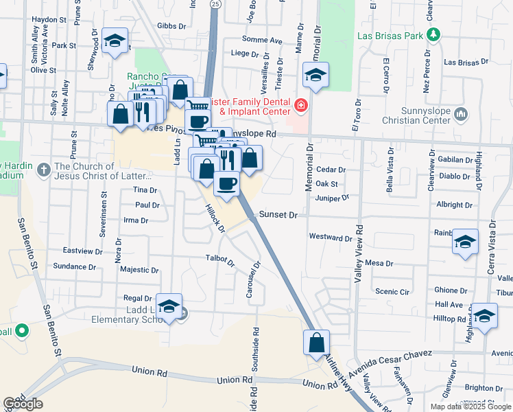 map of restaurants, bars, coffee shops, grocery stores, and more near 890 Sunset Drive in Hollister