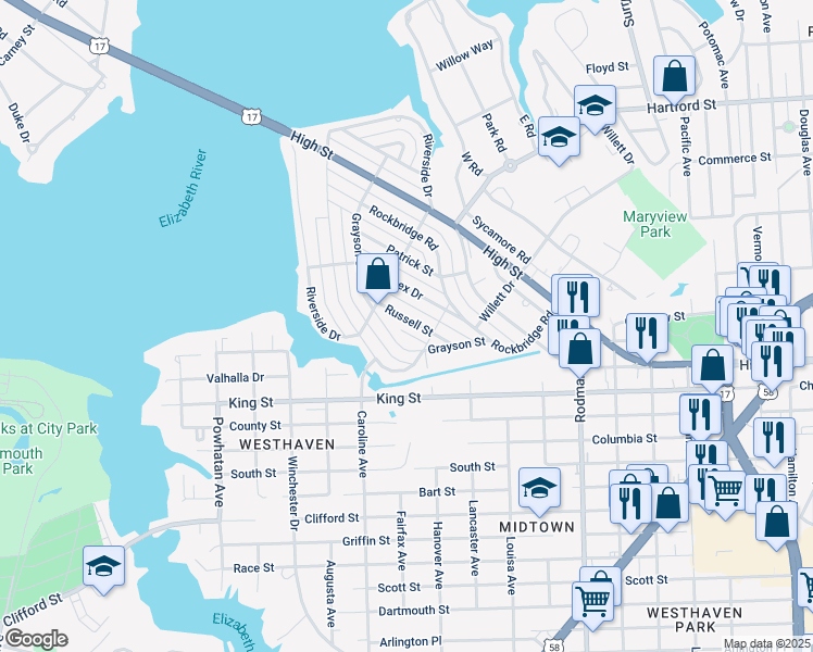 map of restaurants, bars, coffee shops, grocery stores, and more near 415 Russell St in Portsmouth