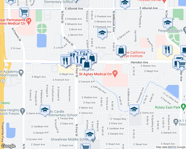 map of restaurants, bars, coffee shops, grocery stores, and more near 6702 North 3rd Street in Fresno