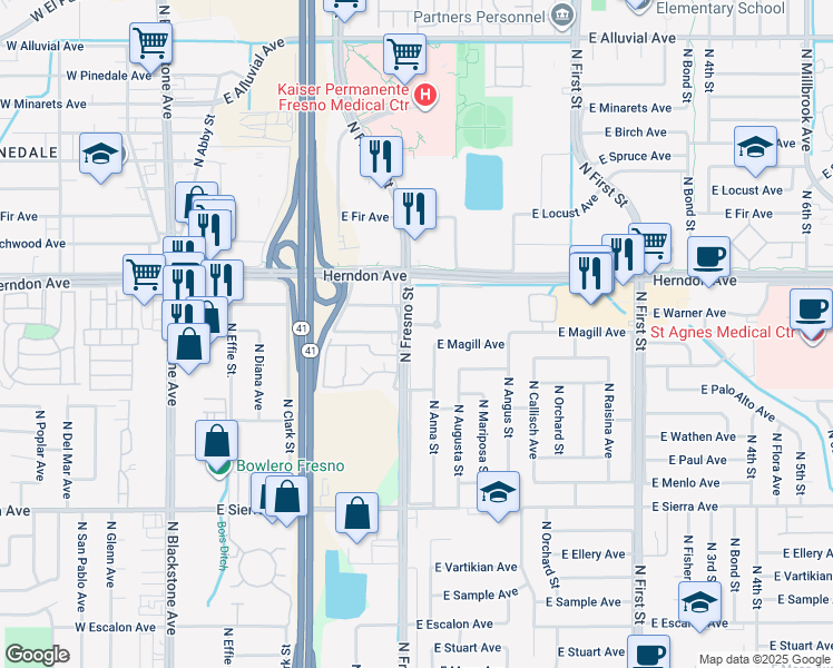 map of restaurants, bars, coffee shops, grocery stores, and more near 6694 North Fresno Street in Fresno