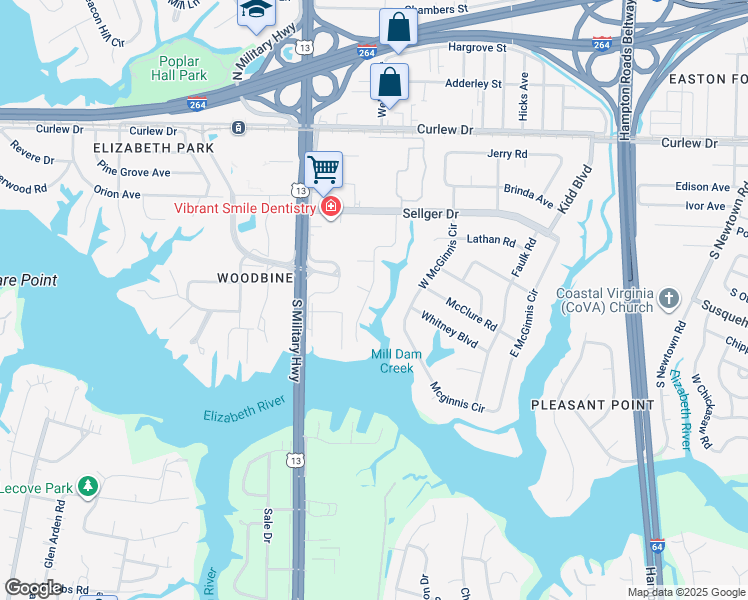 map of restaurants, bars, coffee shops, grocery stores, and more near 322 Pefley Drive in Norfolk