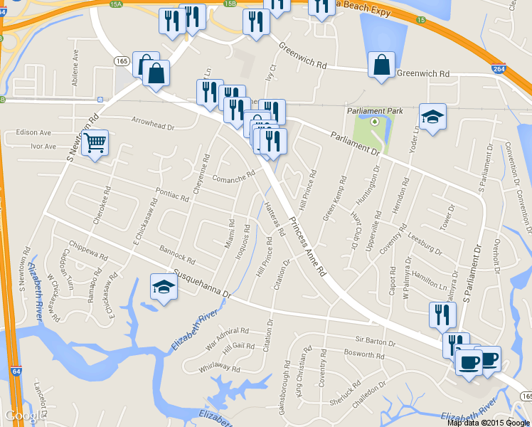 map of restaurants, bars, coffee shops, grocery stores, and more near 5537 Hatteras Road in Virginia Beach