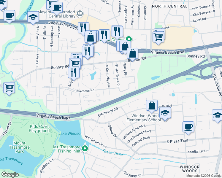 map of restaurants, bars, coffee shops, grocery stores, and more near 170 South Kentucky Avenue in Virginia Beach