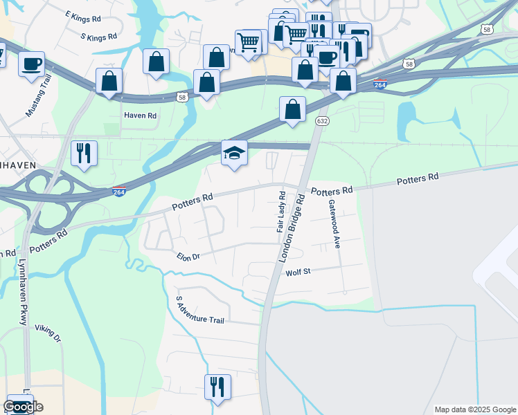 map of restaurants, bars, coffee shops, grocery stores, and more near 224 Bridge Landing Court in Virginia Beach
