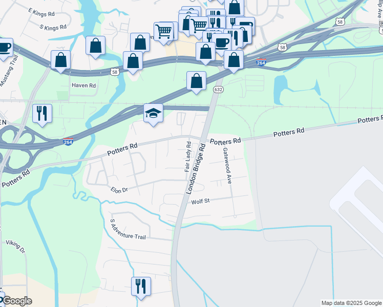 map of restaurants, bars, coffee shops, grocery stores, and more near 224 Fair Lady Road in Virginia Beach