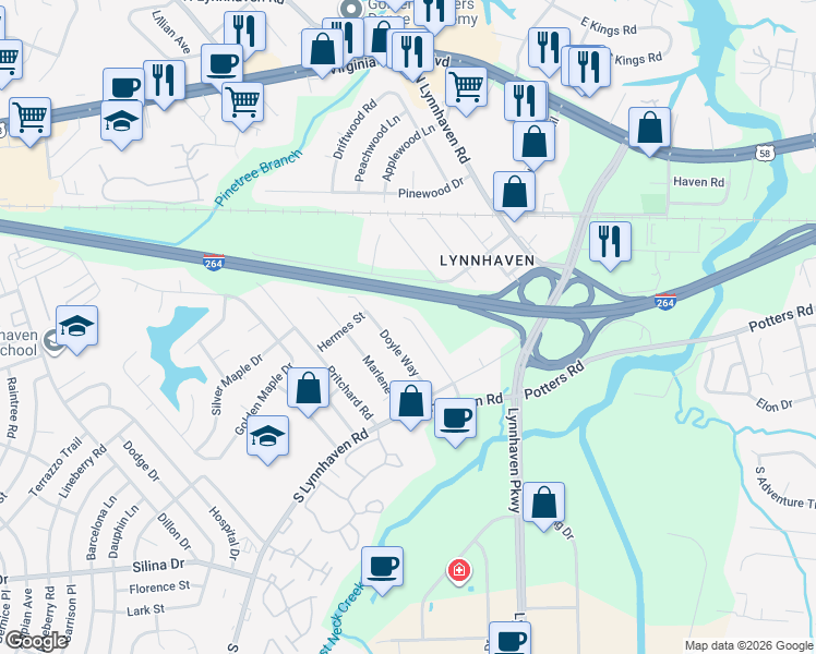 map of restaurants, bars, coffee shops, grocery stores, and more near 236 Gimbert Drive in Virginia Beach