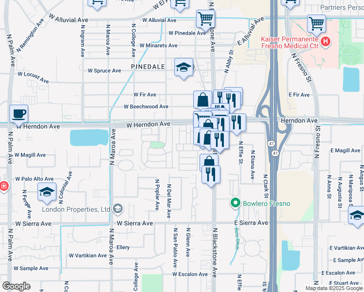 map of restaurants, bars, coffee shops, grocery stores, and more near 12 Valencia Drive in Fresno
