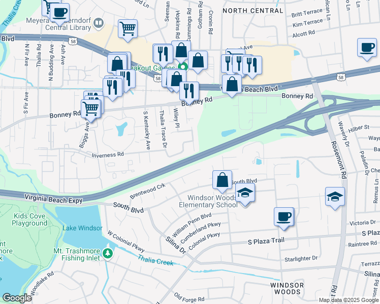 map of restaurants, bars, coffee shops, grocery stores, and more near 157 Greendale Road in Virginia Beach