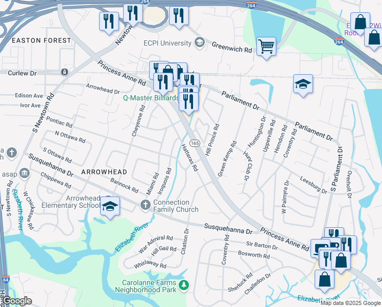 map of restaurants, bars, coffee shops, grocery stores, and more near 5532 Hatteras Road in Virginia Beach