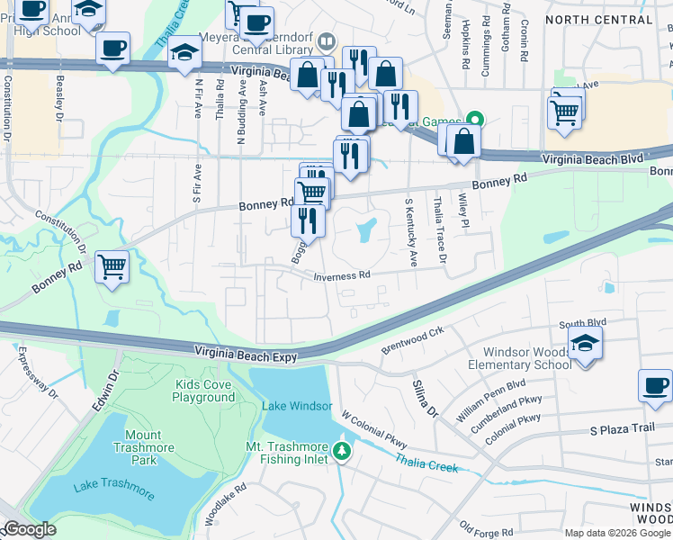 map of restaurants, bars, coffee shops, grocery stores, and more near 4046 Inverness Road in Virginia Beach