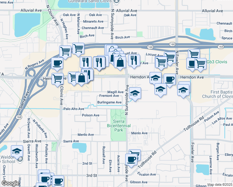 map of restaurants, bars, coffee shops, grocery stores, and more near 1315 Fremont Avenue in Clovis