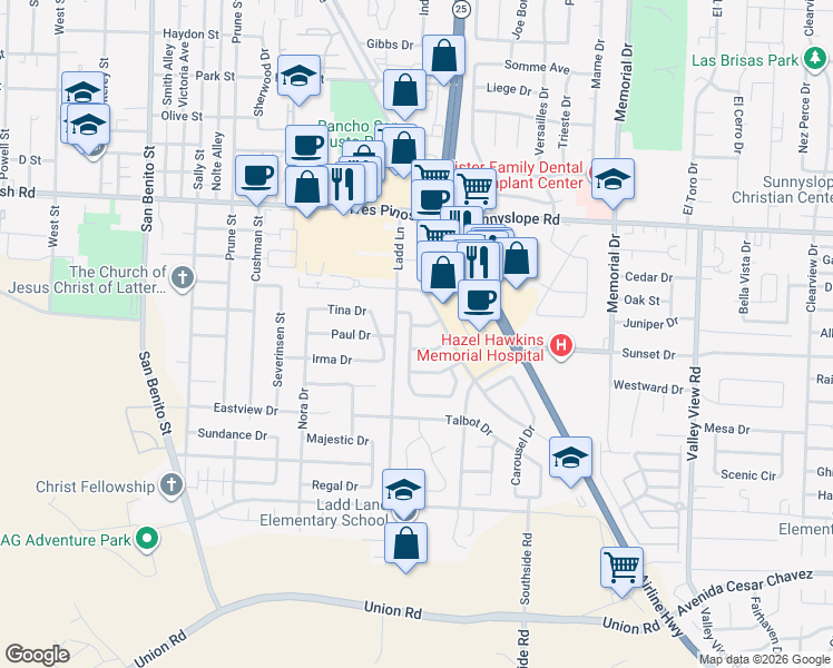 map of restaurants, bars, coffee shops, grocery stores, and more near 510 Jasmine Way in Hollister
