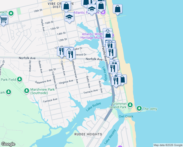 map of restaurants, bars, coffee shops, grocery stores, and more near 405 Virginia Avenue in Virginia Beach