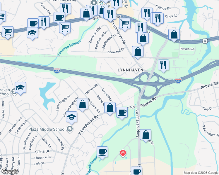 map of restaurants, bars, coffee shops, grocery stores, and more near 236 Gimbert Drive in Virginia Beach