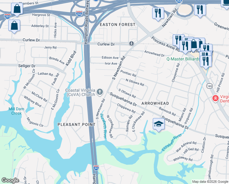 map of restaurants, bars, coffee shops, grocery stores, and more near 5824 Susquehanna Drive in Virginia Beach