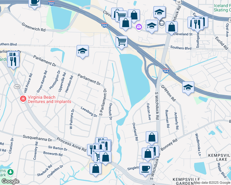 map of restaurants, bars, coffee shops, grocery stores, and more near 212 Overholt Drive in Virginia Beach