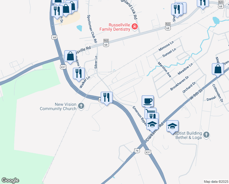 map of restaurants, bars, coffee shops, grocery stores, and more near 272 Emerson Bypass Road in Russellville