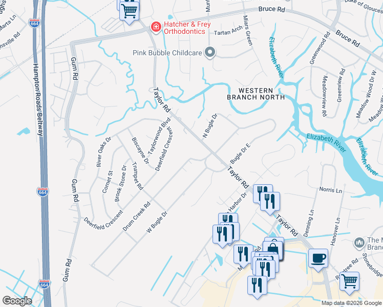 map of restaurants, bars, coffee shops, grocery stores, and more near 2924 Taylor Road in Chesapeake