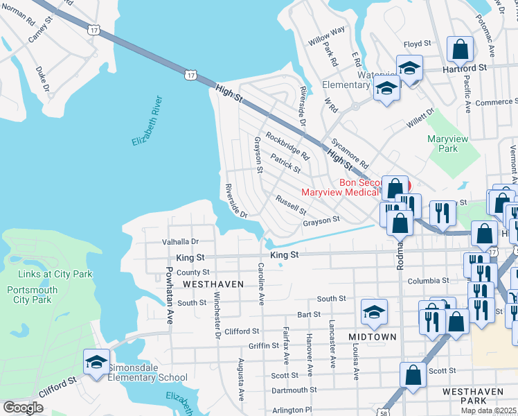 map of restaurants, bars, coffee shops, grocery stores, and more near 533 Shenandoah Street in Portsmouth