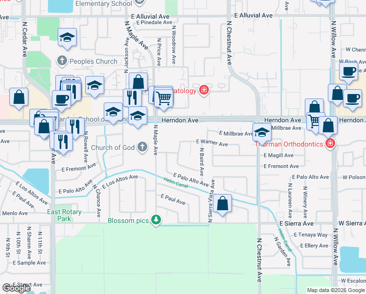 map of restaurants, bars, coffee shops, grocery stores, and more near 6801 North Backer Avenue in Fresno