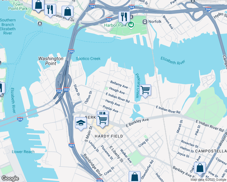 map of restaurants, bars, coffee shops, grocery stores, and more near 131 Hough Avenue in Norfolk