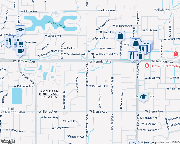 map of restaurants, bars, coffee shops, grocery stores, and more near 6712 North Van Ness Boulevard in Fresno
