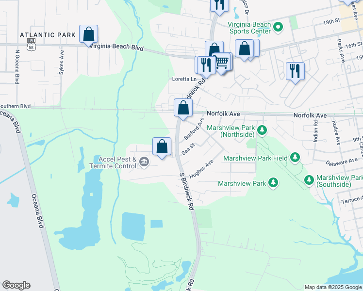 map of restaurants, bars, coffee shops, grocery stores, and more near 156 Burford Avenue in Virginia Beach