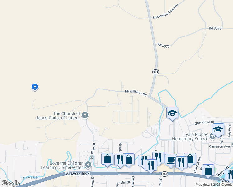 map of restaurants, bars, coffee shops, grocery stores, and more near Mcwilliams Road in Aztec
